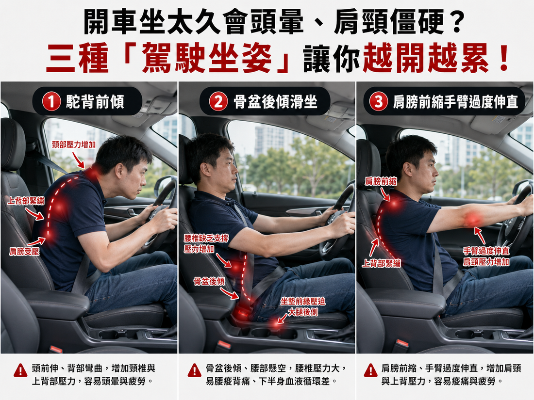 開車坐太久會頭暈、肩頸僵硬？三種「駕駛坐姿」讓你越開越累！